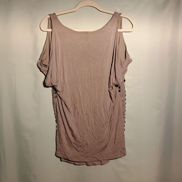 INC International Concepts Taupe Cold Shoulder Sequin  Top – Women’s Size L - Picture 4 of 4